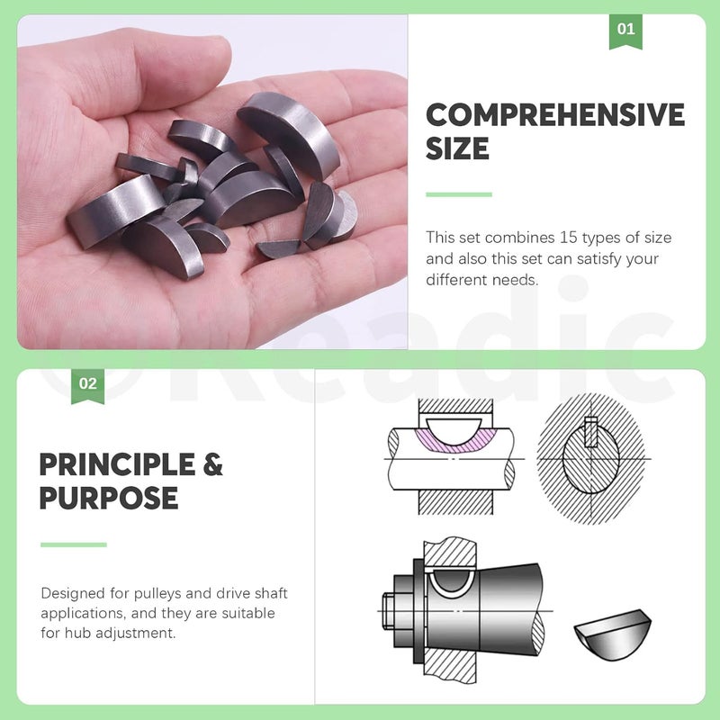 Keadic 150Pcs 15 Metric Sizes Woodruff Key Assortment Set, Carbon Steel Half Moon Gear Shaft Drive Semicircle Bond Key Pulley Crank Hardware Accessories for Mechanical Industry Fasteners - Image 4